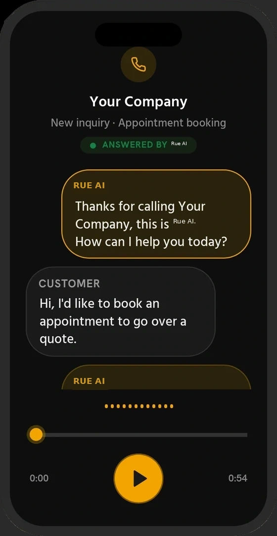Rue AI answering a customer call to book an appointment